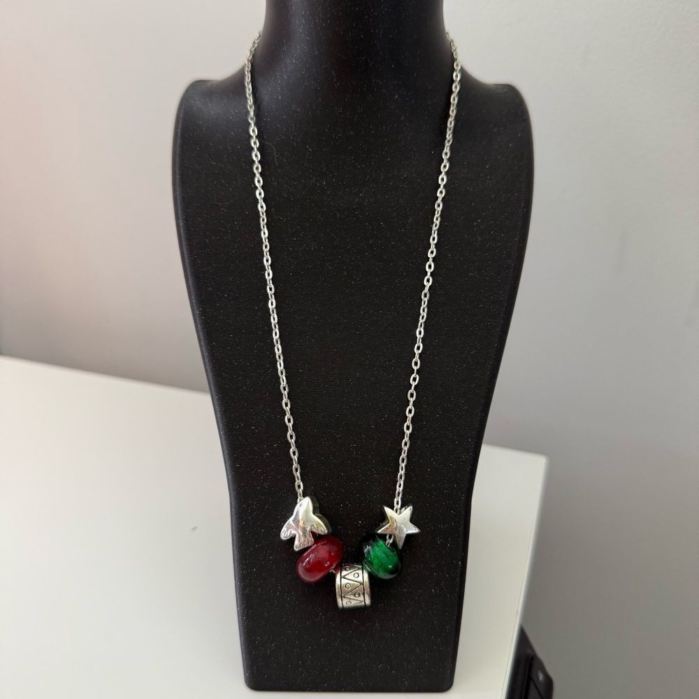 ✨ Silver Charm Necklace with Red & Green Glass Beads – Adjustable
